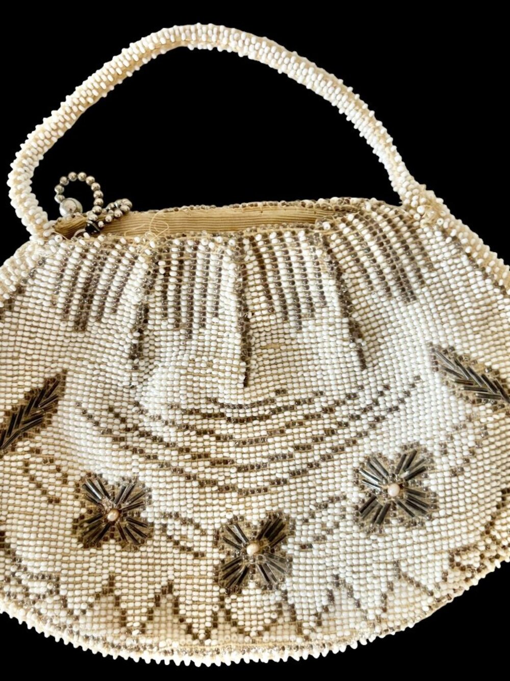 Vintage Art Deco White Beaded Floral Evening Bag Made in Czechoslovakia